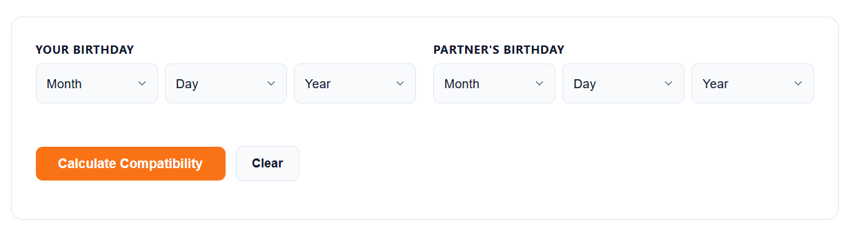 Blank Love Compatibility Calculator interface showing empty month, day, and year dropdown fields for both partners.