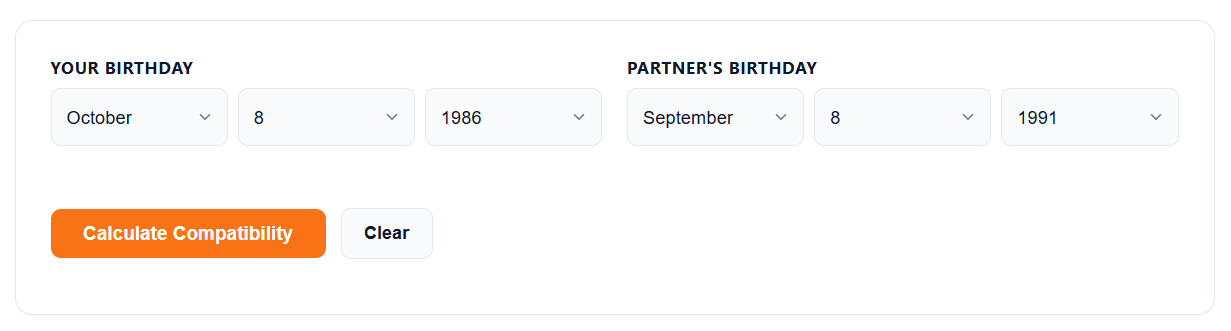 Love Compatibility Calculator with birth dates selected: October 8, 1986 for Person 1 and September 8, 1991 for Person 2.
